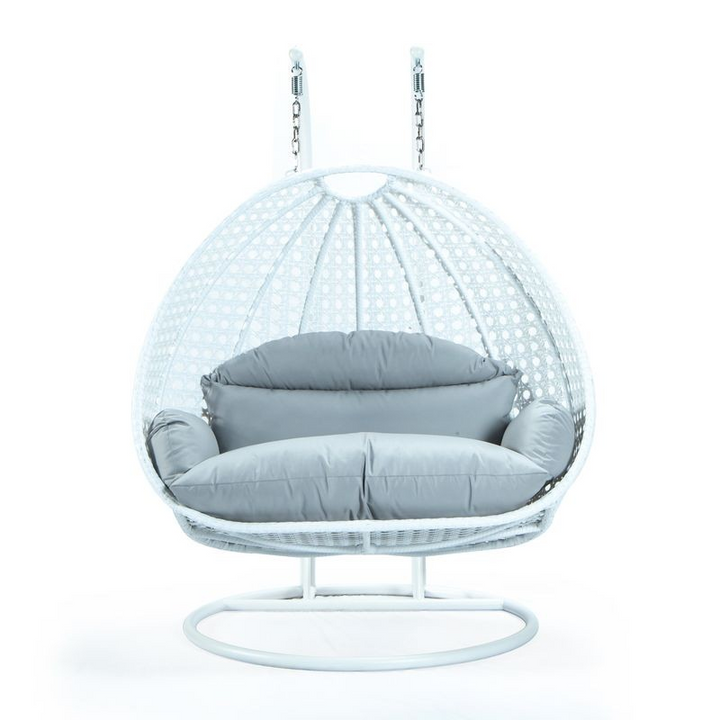 LeisureMod White Wicker Hanging 2 person Egg Swing Chair Light Grey Front View.