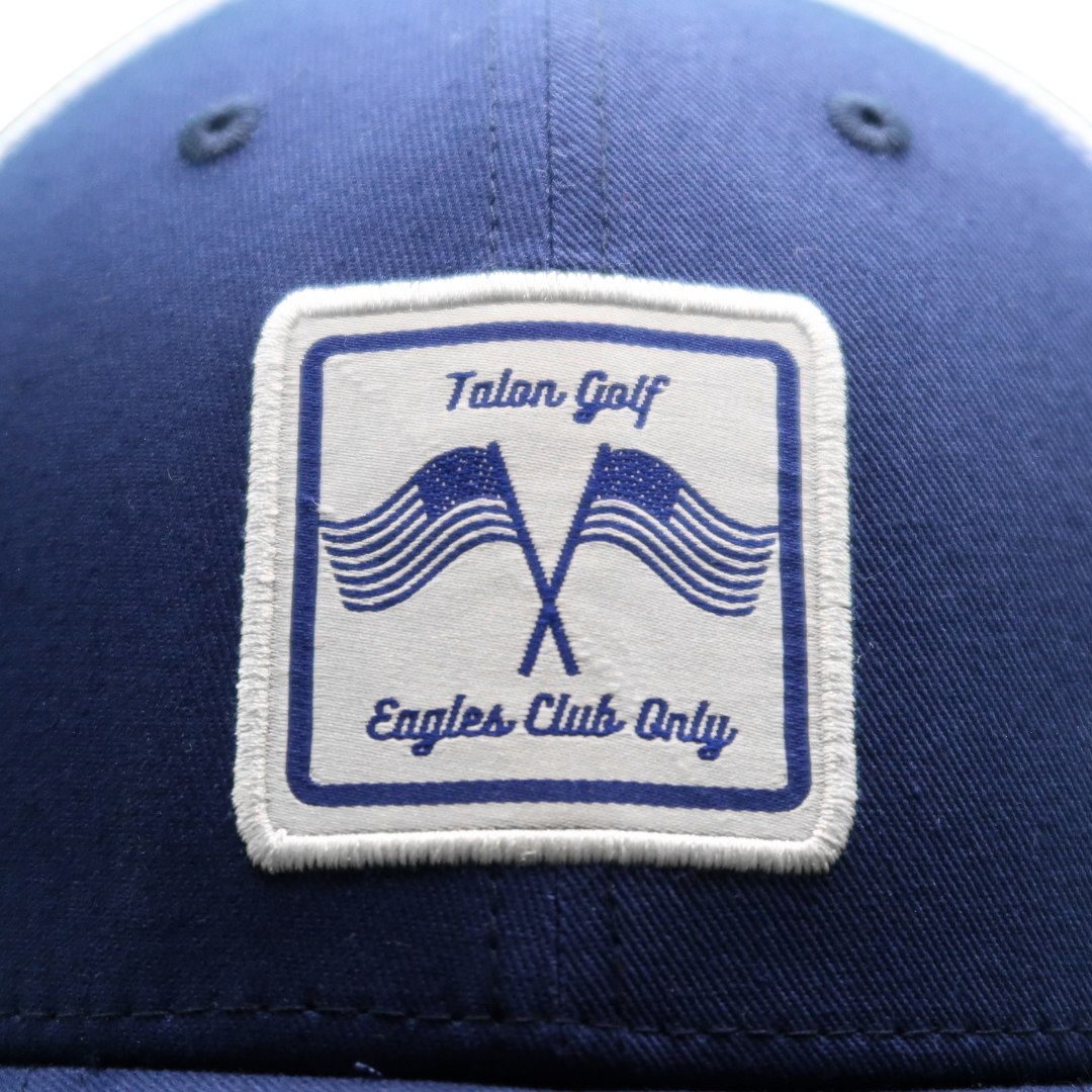American Navy/White Mesh Trucker Hat Closeup.