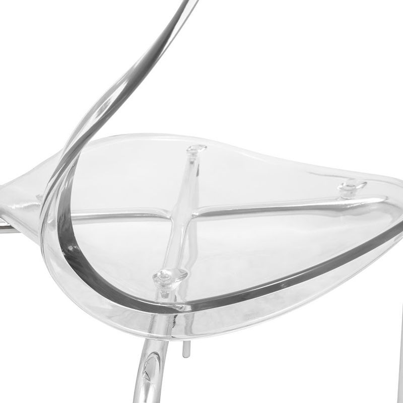 LeisureMod 5-Piece Dining Set Round White MDF Dining Table and 4 Plastic Dining Chairs with Chrome Legs Clear Chair Closeup.