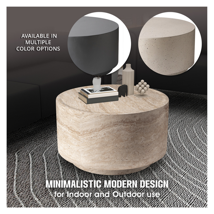 LeisureMod Terra Collection Fiberglass Outdoor Coffee Table in Travertine Colors.