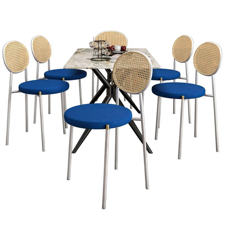 LeisureMod 7-Piece Dining Set with Rectangular Sintered Stone Dining Table and 6 Velvet Dining Side Chairs with Wicker Back Navy Blue