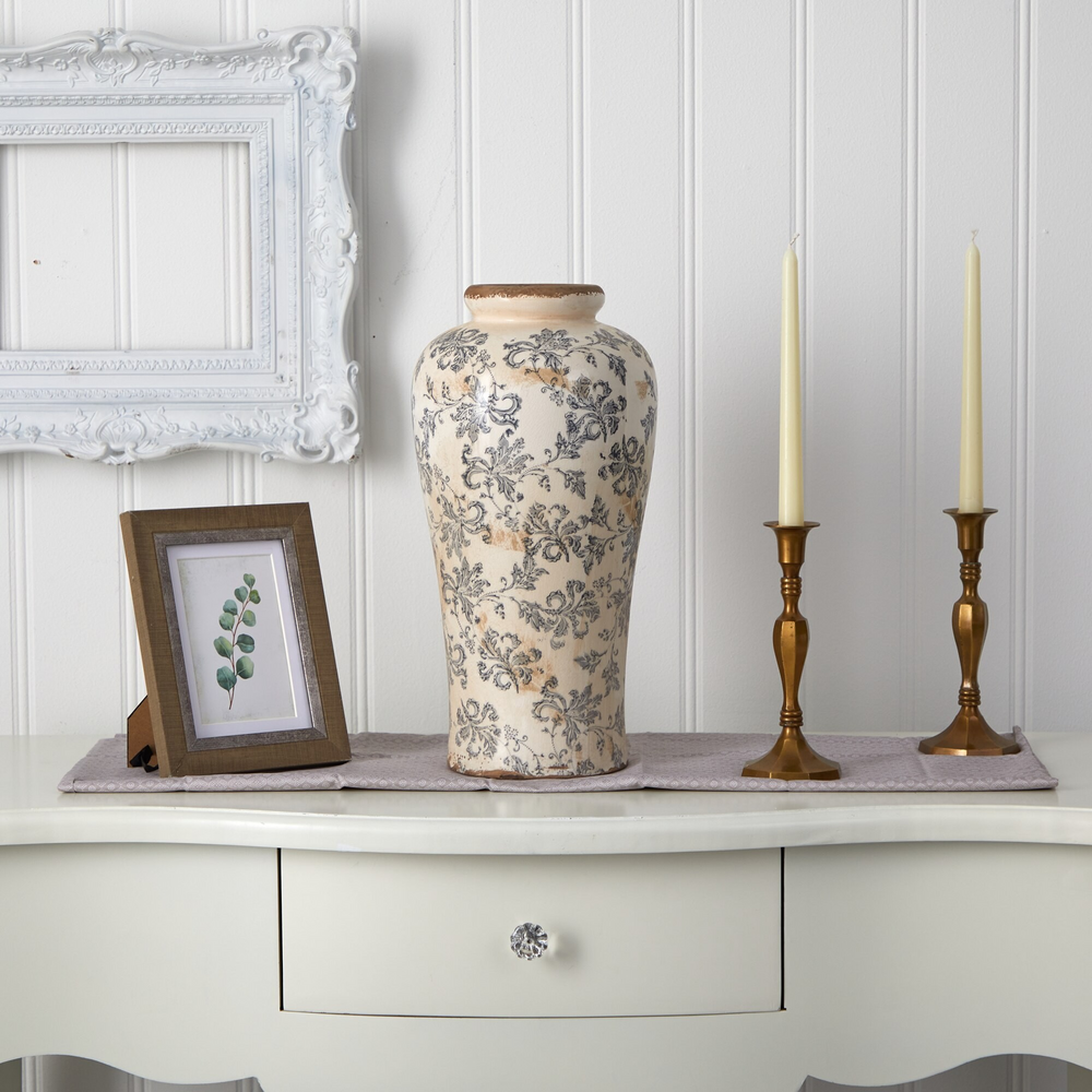 16” Tuscan Ceramic Floral Scroll Urn Vase on Table