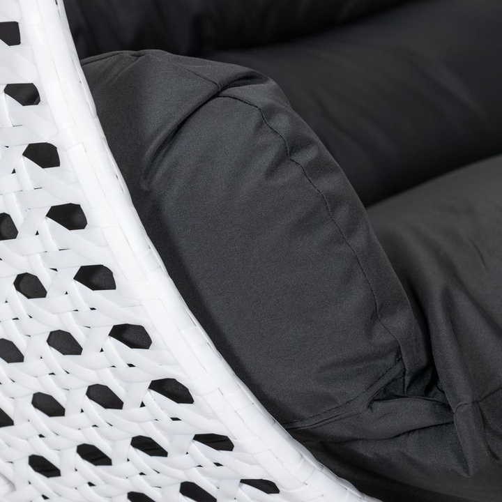 LeisureMod White Wicker Hanging 2 Person Egg Swing Chair Black Closeup.