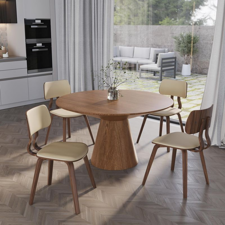 LeisureMod 5-Piece Dining Set with Round Wooden Table in Natural Wood and 4 Leather Dining Chairs in Walnut/Cream in Room.