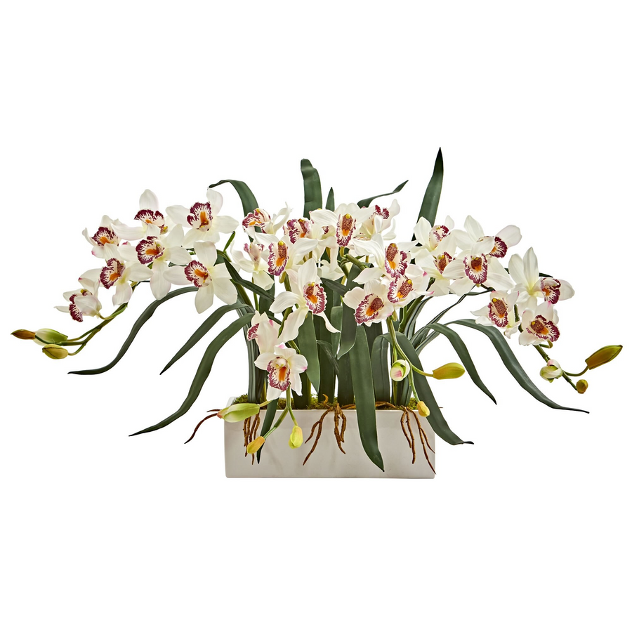 Cymbidium Artificial Arrangement in White Vase (White)