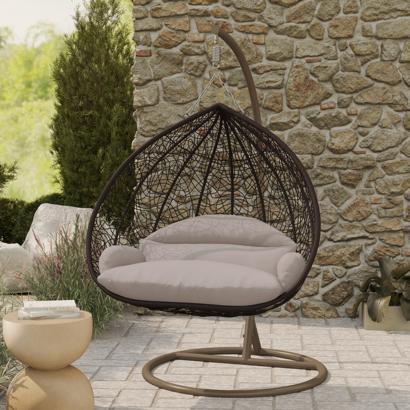 Leisuremod Recluse Collection Modern Outdoor Swing Chair Brown Frame with ES57 Beige Cushion Photo.