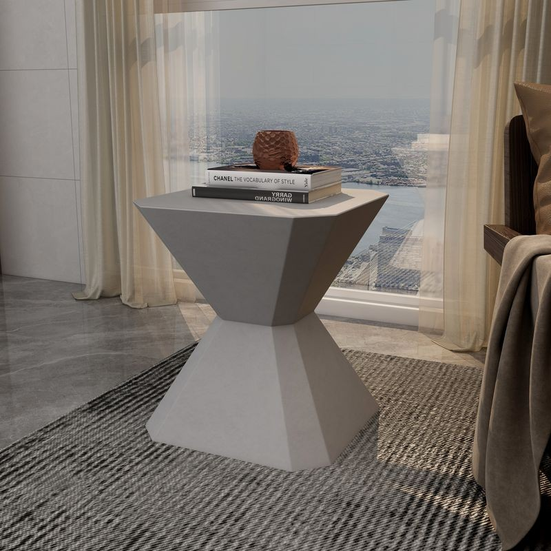 LeisureMod Azure Collection Fiberglass Outdoor Side Table in Grey in Room.
