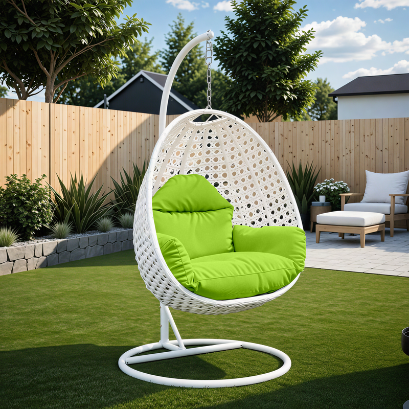 LeisureMod White Wicker Hanging Egg Swing Chair Light Green