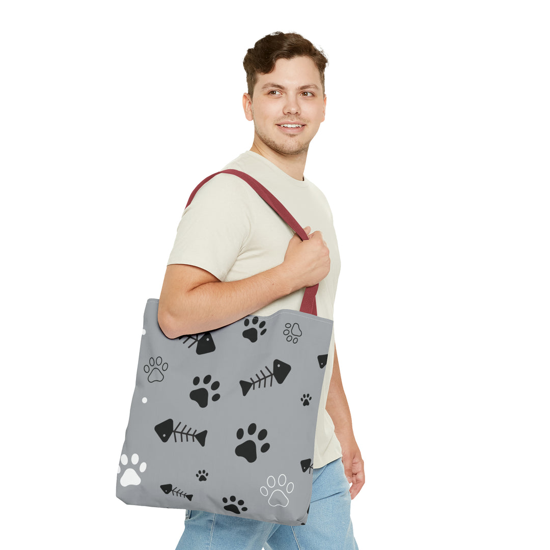 Paws and Fish Gray Pattern Tote Bag (AOP)