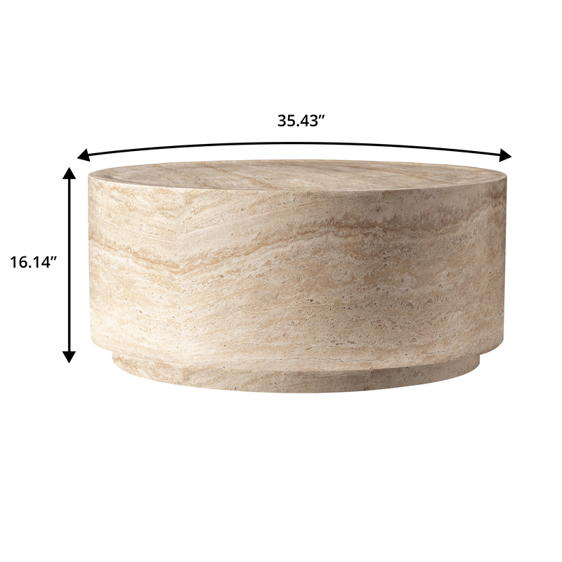 LeisureMod Terra Collection Fiberglass Outdoor Coffee Table in Travertine Dimensions.
