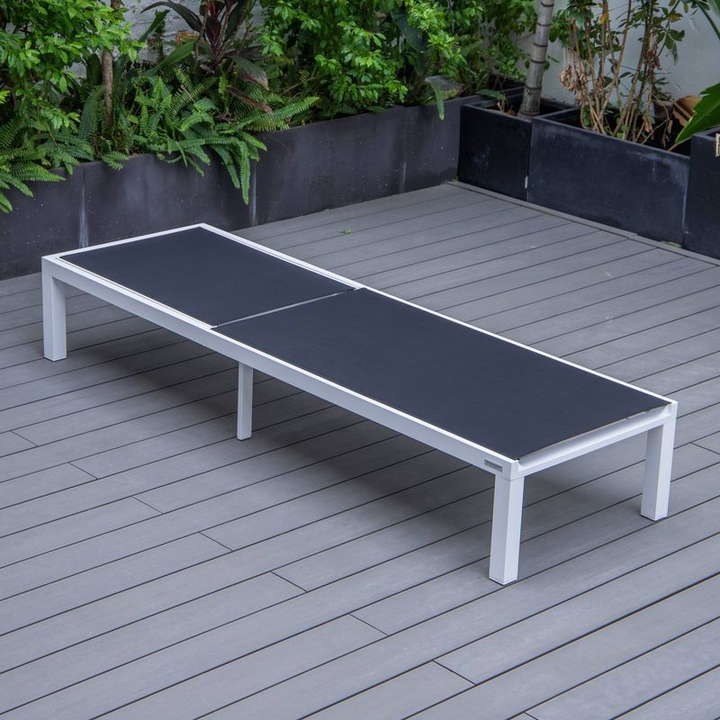 LeisureMod Marlin Modern Aluminum Outdoor Patio Chaise Lounge Chair Set of 2 with Square Fire Pit Side Table Perfect for Patio, Lawn, and Garden Black Flat View.