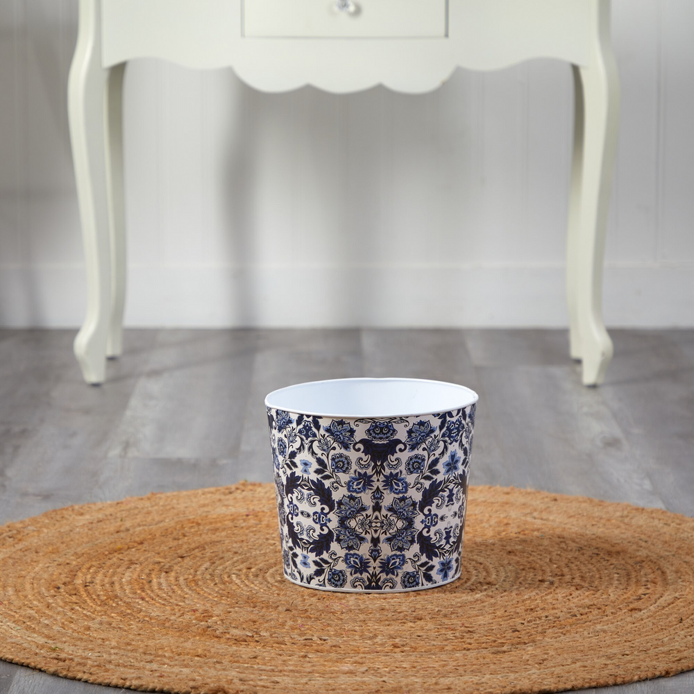 12” Oriental Blue and White Classic Round Metal Planter with Background