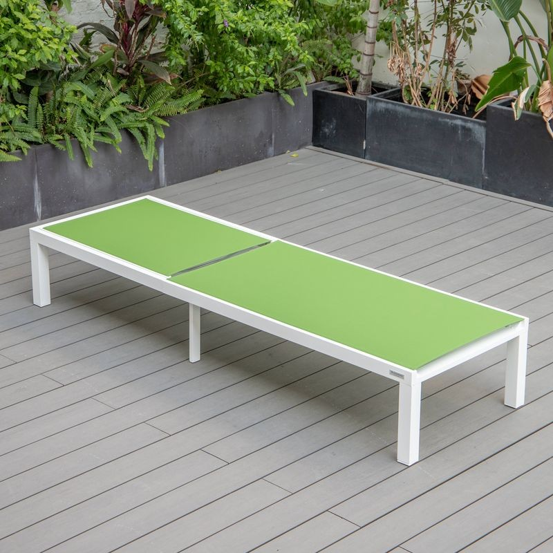 LeisureMod Marlin Modern Aluminum Outdoor Patio Chaise Lounge Chair Set of 2 with Square Fire Pit Side Table Perfect for Patio, Lawn, and Garden Green Flat View.