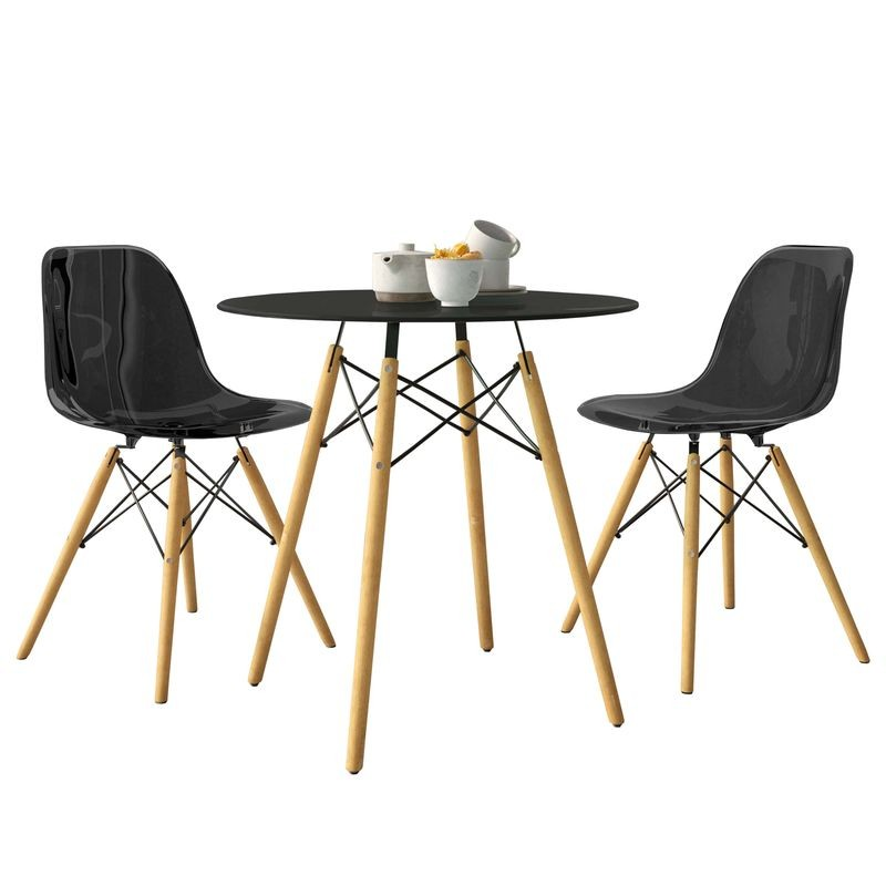 LeisureMod Dover 3-Piece Dining Set with Round Black MDF Top Bistro Table and 2 Plastic Chairs in Black