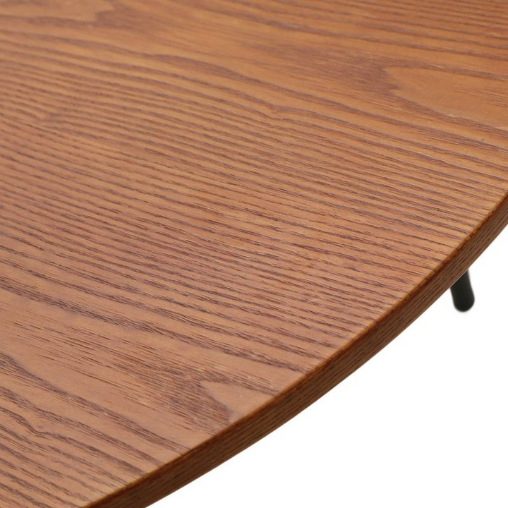 LeisureMod Tule 7-Piece Dining Set in Steel Frame with 6 Upholstered Seat Dining Chairs and 71" Oval Dining Table with MDF Tabletop Walnut/Light Brown Table Closeup.