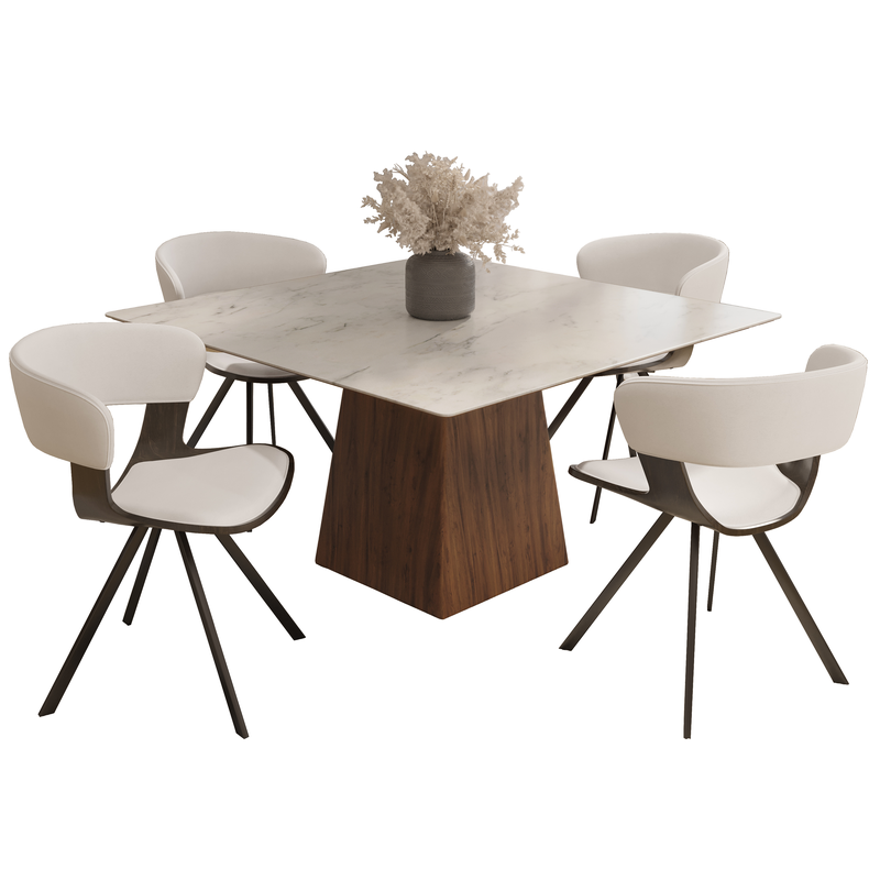 LeisureMod 5-Piece Dining Set with Square Dining Table White Sintered Stone Top and 4 Leather Dining Chairs in Dark Walnut/White
