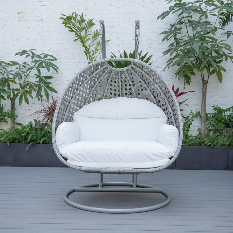 LeisureMod Mendoza Light Grey Wicker Hanging 2 Person Egg Swing Chair White Front View.