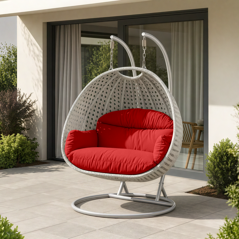 LeisureMod Mendoza Light Grey Wicker Hanging 2 Person Egg Swing Chair Red Photo.