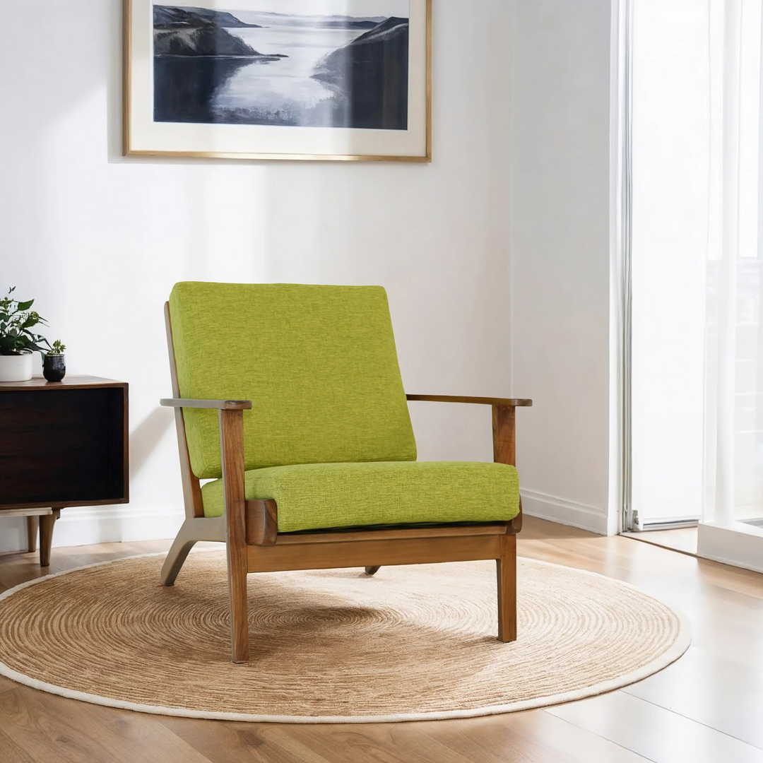 Connor Solid Wood Linen Lounge Chair Pistachio Green Front View.