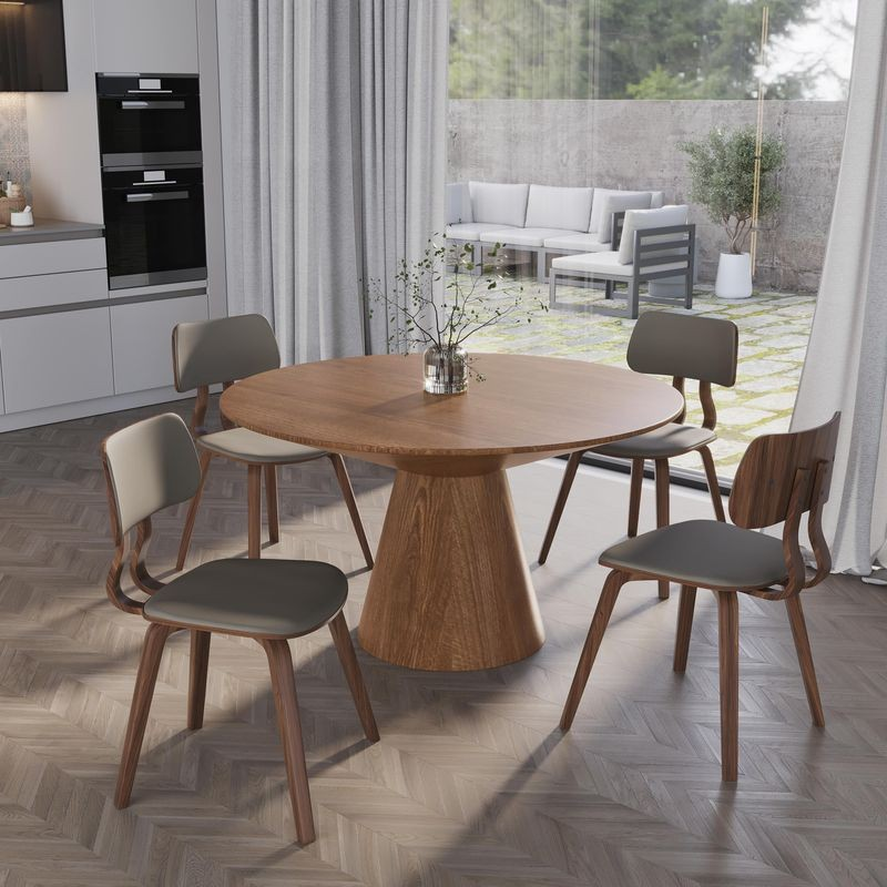 LeisureMod 5-Piece Dining Set with Round Wooden Table in Natural Wood and 4 Leather Dining Chairs in Walnut/Light Grey in Room.