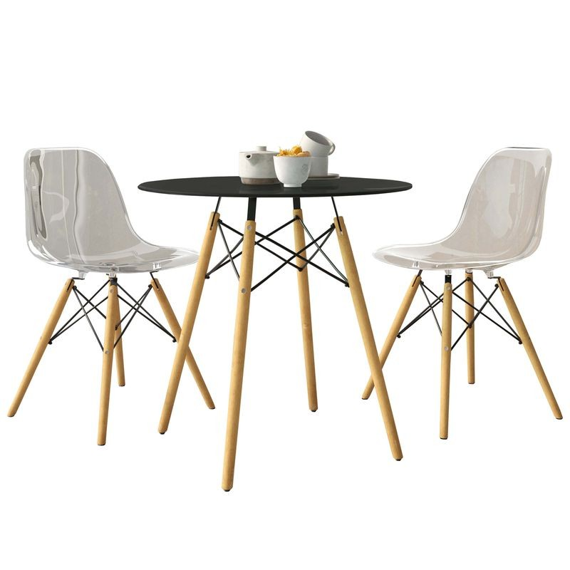 LeisureMod Dover 3-Piece Dining Set with Round Black MDF Top Bistro Table and 2 Plastic Chairs in Clear