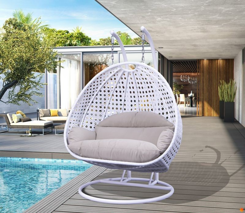 LeisureMod White Wicker Hanging 2 person Egg Swing Chair White/Taupe