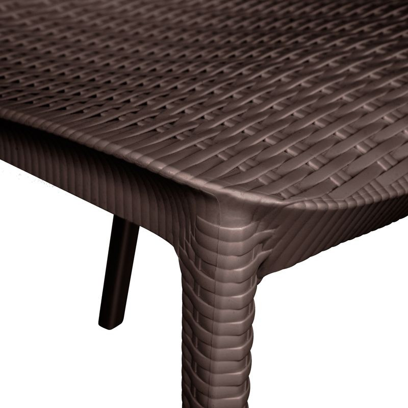 LeisureMod Kent Outdoor Patio Plastic Dining Armchair, Set of 2 Brown Closeup.