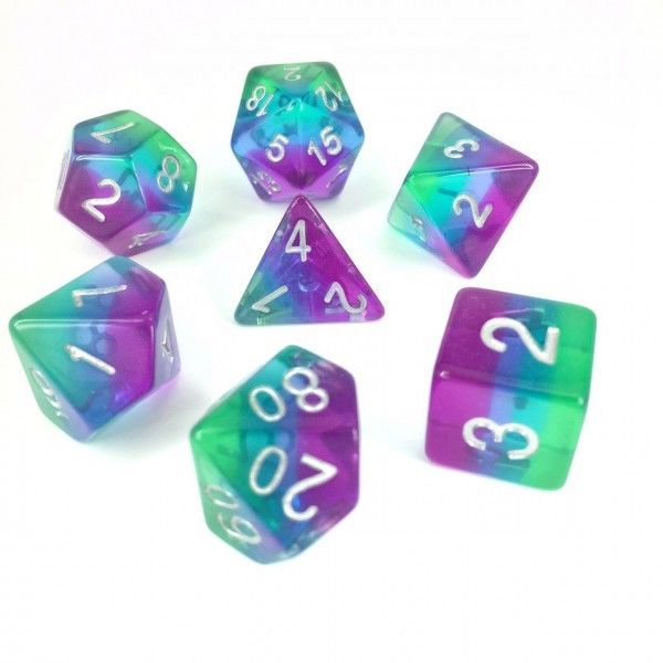 Blue Aurora Poly Dice Set Blue Purple Teal Clear (7) Translucent New RPG DnD