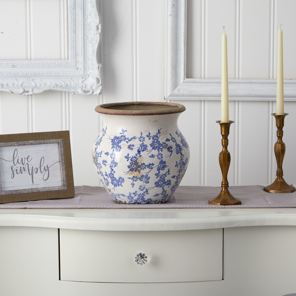 10.5” Tuscan Ceramic Blue Scroll Urn Vase on Table