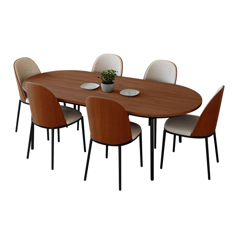 LeisureMod Tule 7-Piece Dining Set in Steel Frame with 6 Upholstered Seat Dining Chairs and 71" Oval Dining Table with MDF Tabletop Walnut/Beige