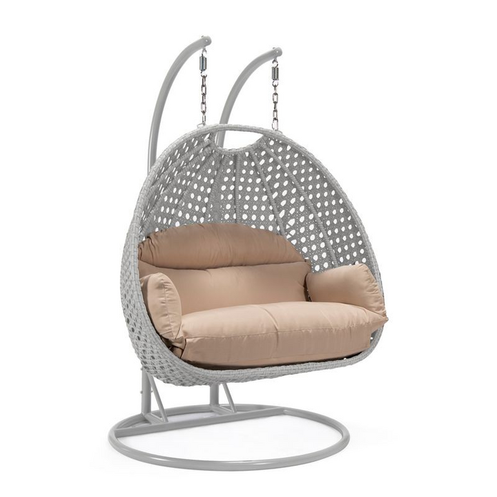 LeisureMod Mendoza Light Grey Wicker Hanging 2 Person Egg Swing Chair Beige