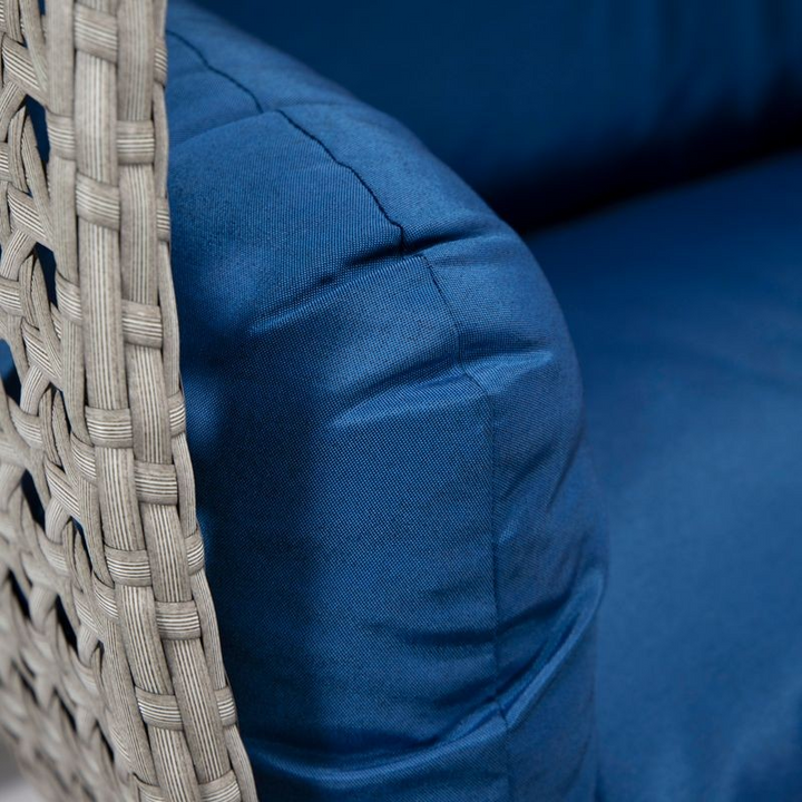 LeisureMod Mendoza Light Grey Wicker Hanging 2 Person Egg Swing Chair Blue Closeup.