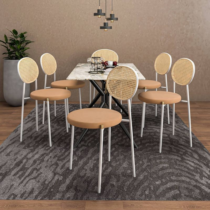 LeisureMod 7-Piece Dining Set with Rectangular Sintered Stone Dining Table and 6 Velvet Dining Side Chairs with Wicker Back Brown in Room.