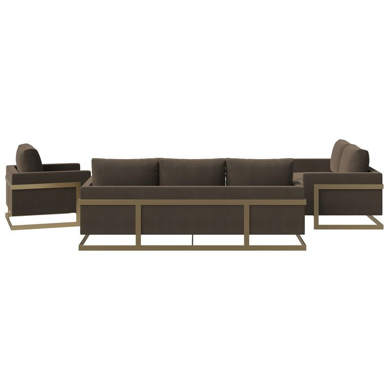 LeisureMod Lincoln 3-Piece Velvet Living Room Sofa Set with Gold Frame Dark Grey Back View.