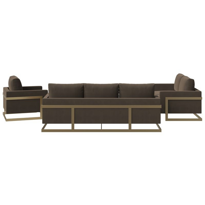 LeisureMod Lincoln 3-Piece Velvet Living Room Sofa Set with Gold Frame Dark Grey Back View.