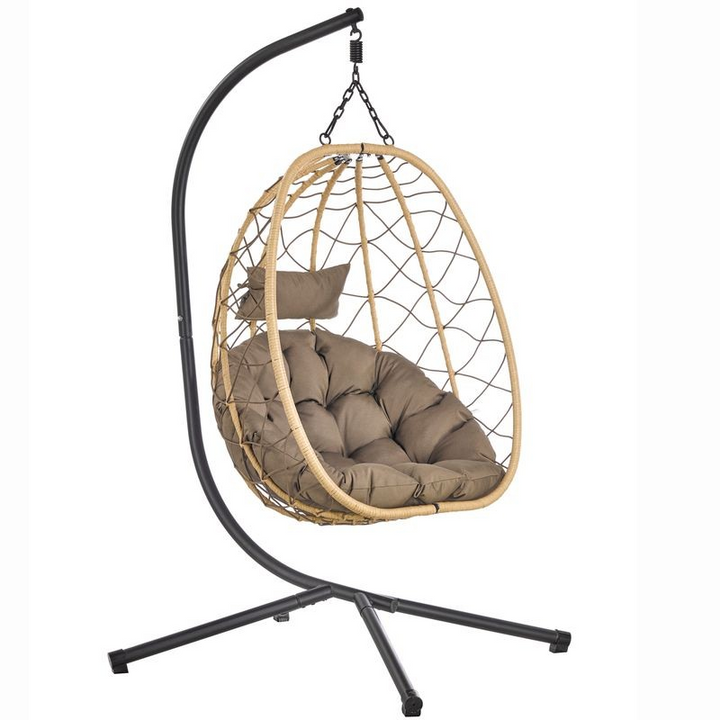 Leisuremod Summit Series Outdoor Egg Swing Chair in Brown with Brown Cushions