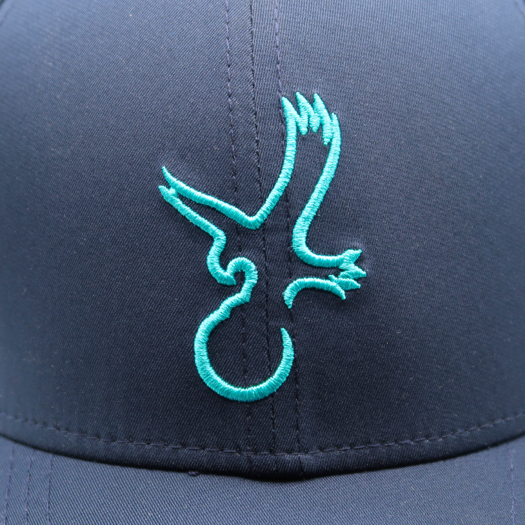 Navy/Teal Eagle Performance Hat Closeup.