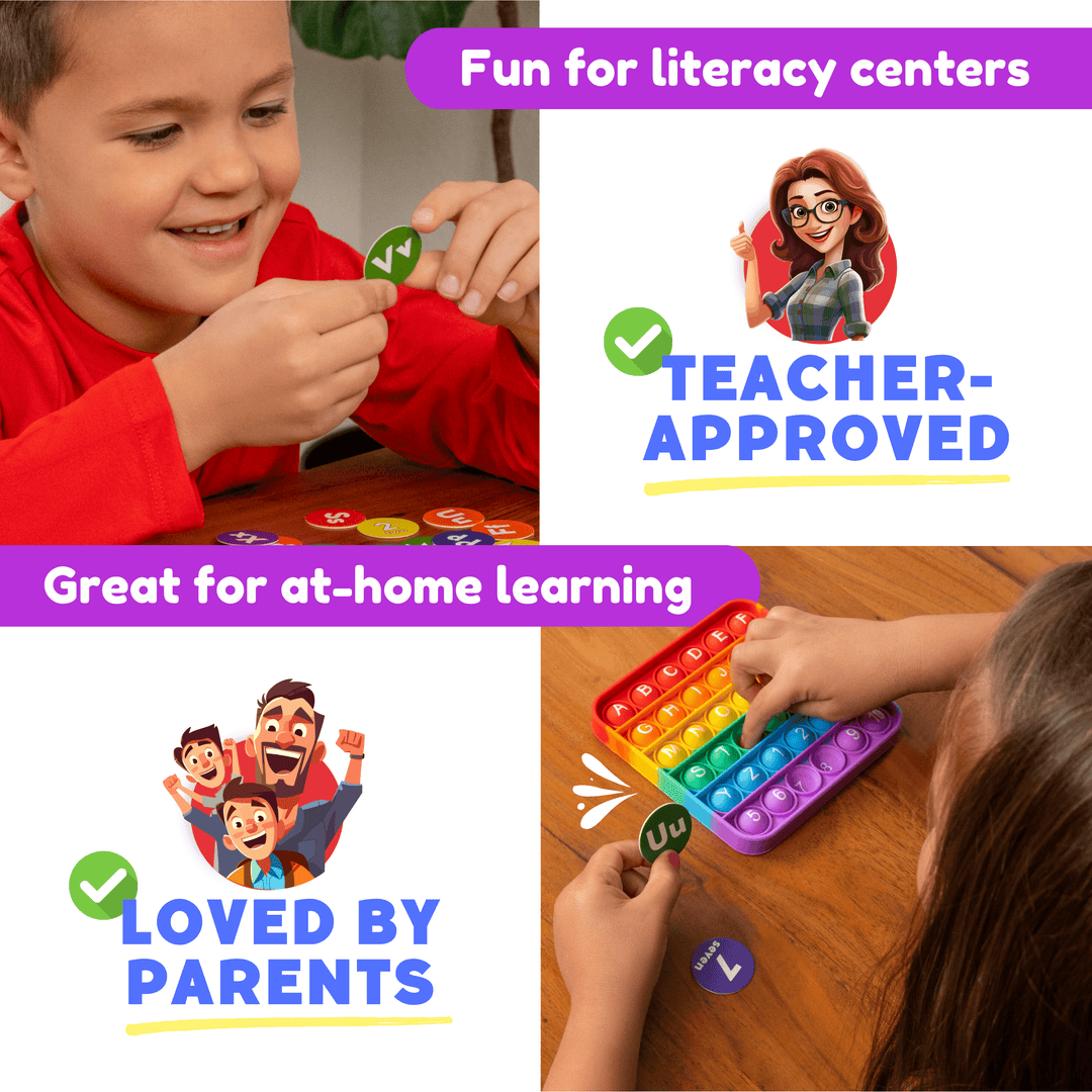 Children playing with educational toys, promoting literacy centers and at-home learning.