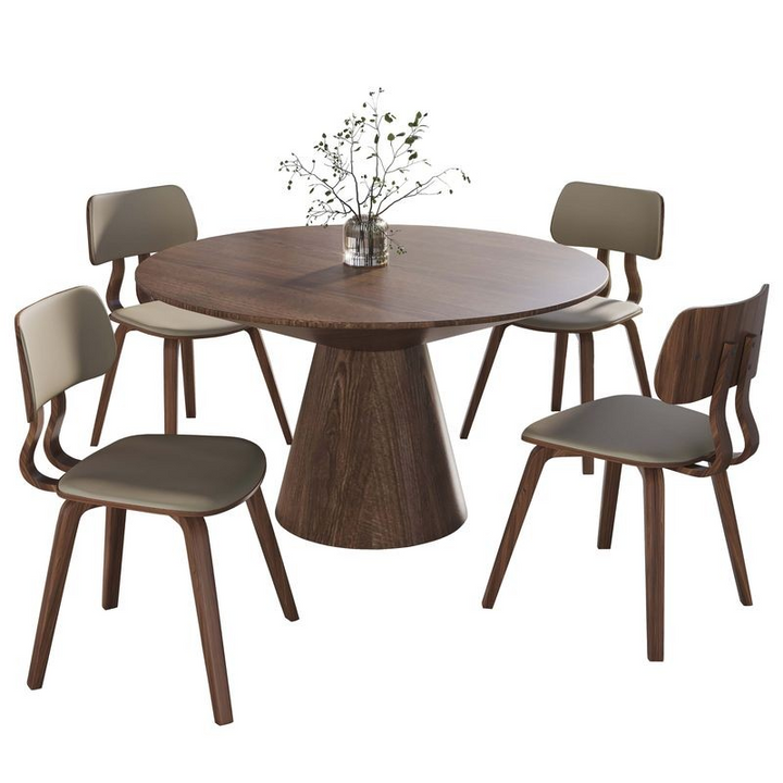 LeisureMod 5-Piece Dining Set with Round Wooden Table in Walnut and 4 Leather Dining Chairs in Walnut/Light Brown