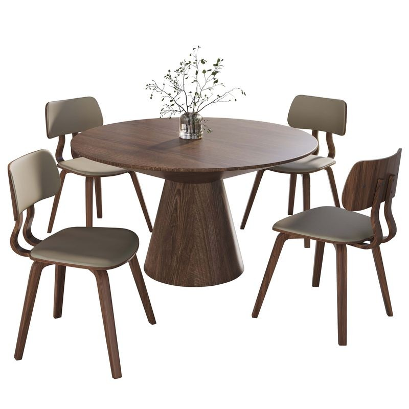 LeisureMod 5-Piece Dining Set with Round Wooden Table in Walnut and 4 Leather Dining Chairs in Walnut/Light Brown