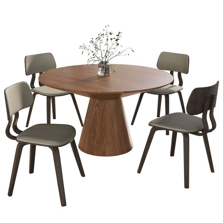 LeisureMod 5-Piece Dining Set with Round Wooden Table in Natural Wood and 4 Leather Dining Chairs in Dark Walnut/Taupe