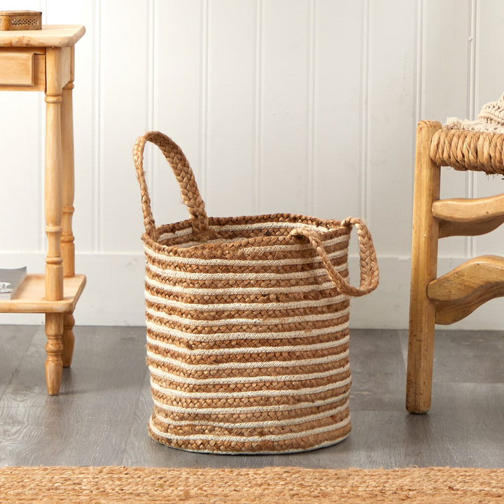 14” Boho Chic Basket Natural Cotton and Jute, Handwoven Stripe with Handles on Floor