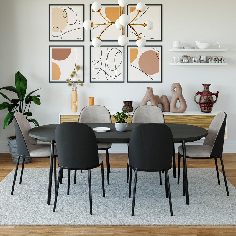 LeisureMod Tule 7-Piece Dining Set in Steel Frame with 6 Upholstered Seat Dining Chairs and 71" Oval Dining Table with MDF Tabletop Black/White with Background.