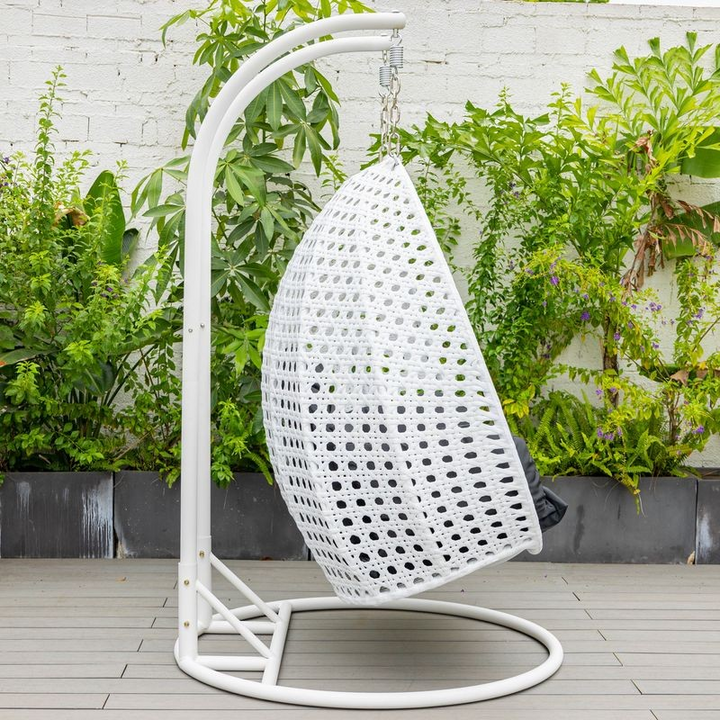 LeisureMod White Wicker Hanging 2 Person Egg Swing Chair Black Side View.