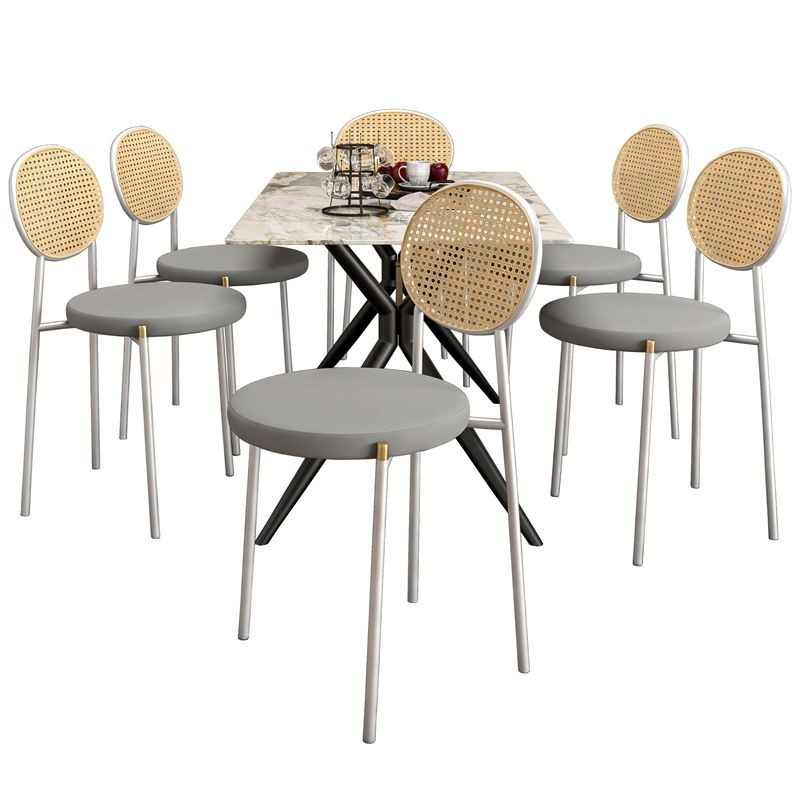 LeisureMod 7-Piece Dining Set with Rectangular Sintered Stone Dining Table and 6 Velvet Dining Side Chairs with Wicker Back Grey