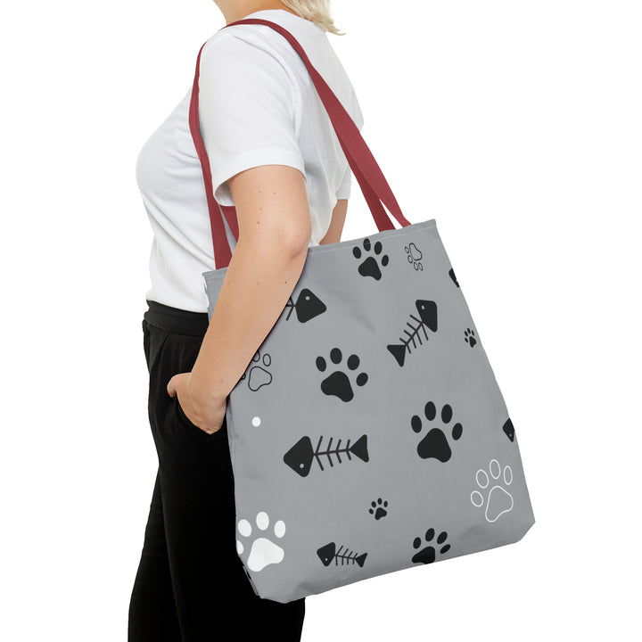 Paws and Fish Gray Pattern Tote Bag (AOP)