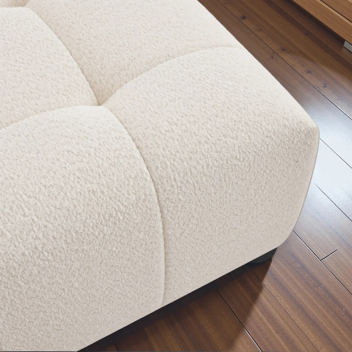 Kaynes Chic Tufted Ivory Boucle Ottoman Closeup.
