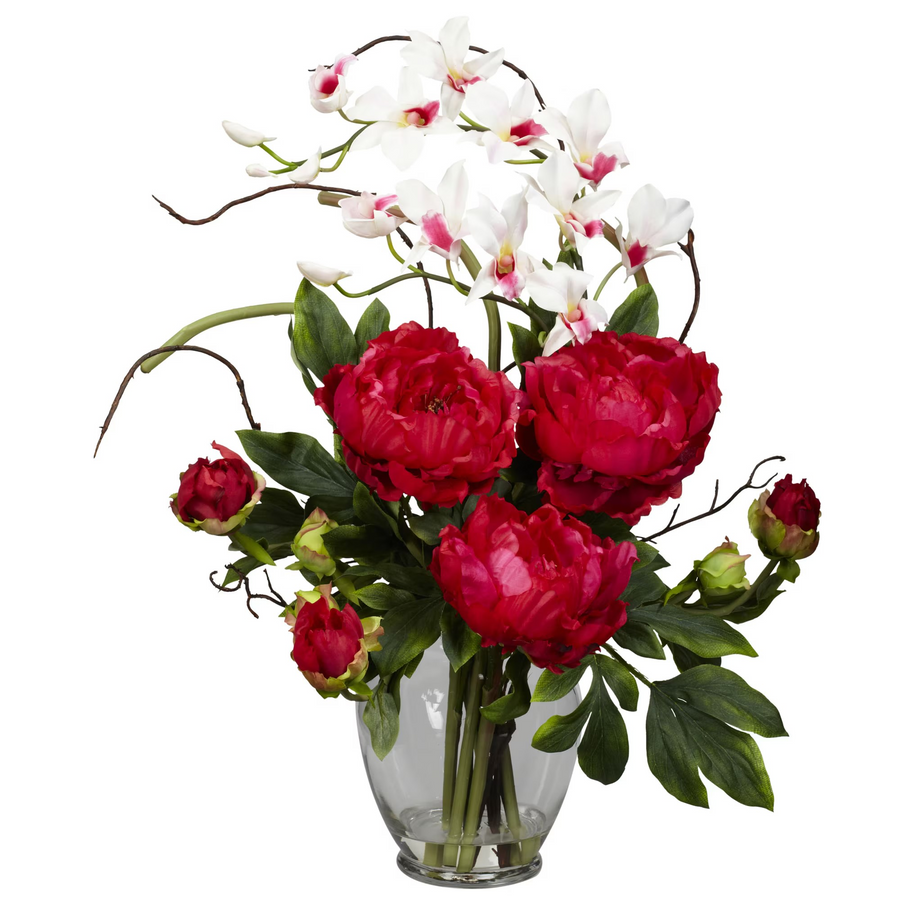 Peony & Orchid Silk Flower Arrangement (Red)