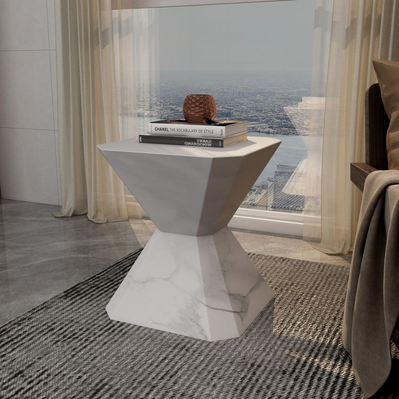 LeisureMod Azure Collection Fiberglass Outdoor Side Table in Marble White in Room.
