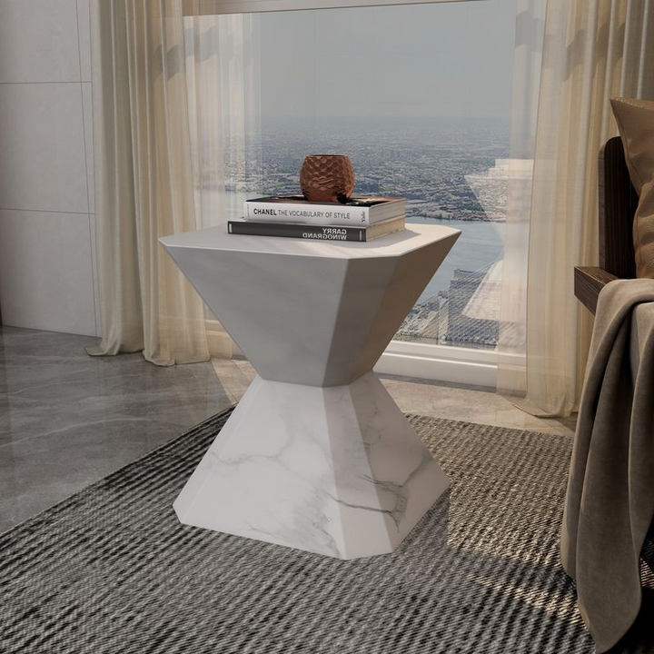 LeisureMod Azure Collection Fiberglass Outdoor Side Table in Marble White in Room.